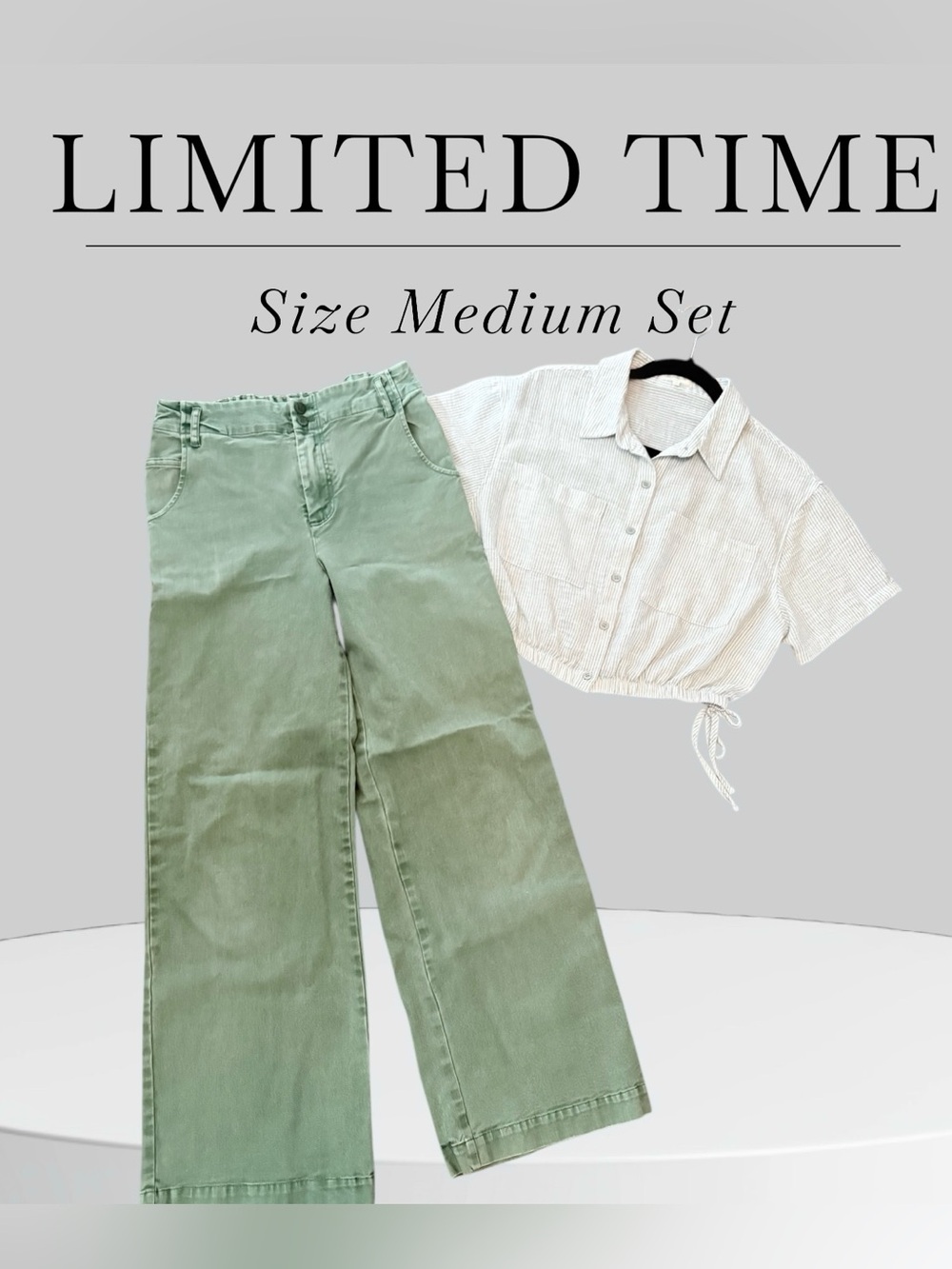 Green Wide-Leg Pants and White striped Cropped Button-Up Set